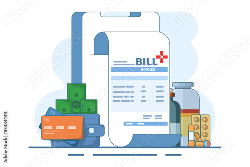 hospital bill concept. medical and health care. Health care wallet, money, pharmacy bottles, medicines and medical items, isolated white background with flat color line style.