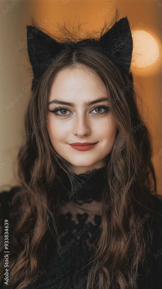 Beautiful woman in a Halloween cat costume with black lace dress, cat ears, and choker, set against a festive pumpkin background. Beautiful woman in a Halloween cat costume with black lace dress, cat ears, and choker, set against a festive pumpkin background.