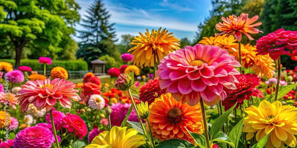 Vibrant blooms of pink, yellow, and orange flowers dance in the warm sunlight amidst lush greenery in a picturesque New England summer garden.