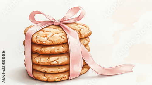 Stack of cookies tied with ribbon, simple watercolor, flat design