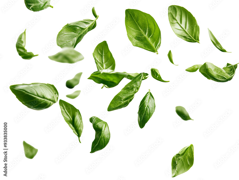 basil leaves flying on white background isolated PNG basil leaves flying on white background isolated PNG