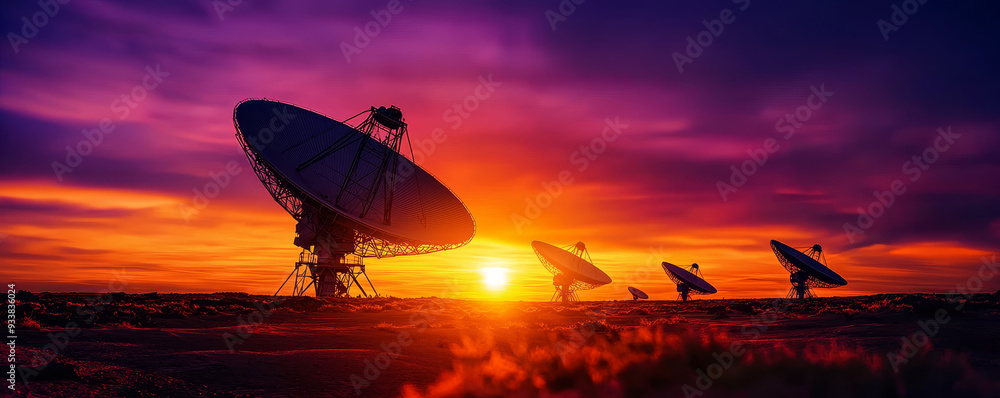 Dramatic silhouettes of radio telescopes in a remote desert, with the sun setting in a blaze of orange and purple hues Dramatic silhouettes of radio telescopes in a remote desert, with the sun setting in a blaze of orange and purple hues
