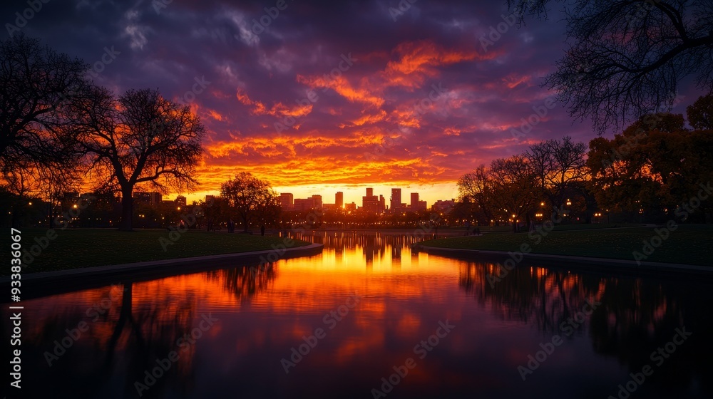 Impressionist artwork of a tranquil city park under an evening sky, where orange and purple tones merge to create a dreamy, reflective atmosphere Impressionist artwork of a tranquil city park under an evening sky, where orange and purple tones merge to create a dreamy, reflective atmosphere