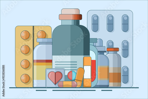 Pharmaceutical care concept. Medicine icon set. Round pills and medicine bottles, and medicine in capsules. Prescribing medicine. Medicine and Pharmacy, Flat vector illustration on background.