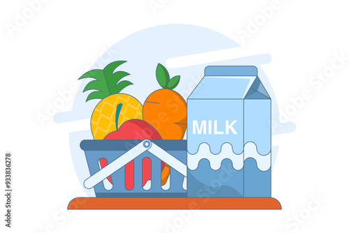 Concept of fruit and milk drinks, healthy and nutritious food and drinks. Flat Outline Illustration Vector Graphics Shopping Bag, Pineapple, Apple, Carrot and Milk Icons. App Icons, Banners, etc.