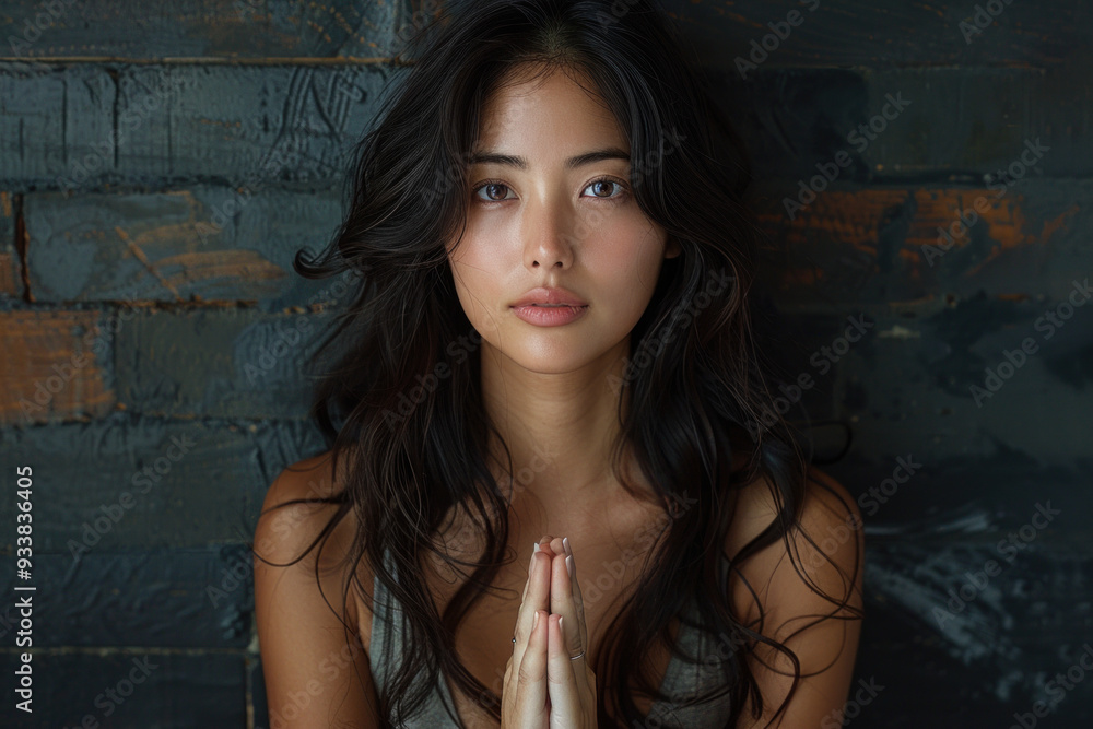 Peaceful woman meditating with hands in prayer pose indoors Peaceful woman meditating with hands in prayer pose indoors