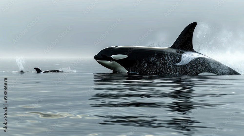 Fototapeta premium Orca and Calf Swimming in the Ocean.