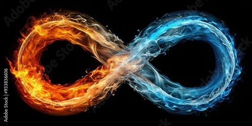 Fire and ice infinity sign symbolizing contrasting elements and eternal balance , fire, ice, infinity, symbol, contrast