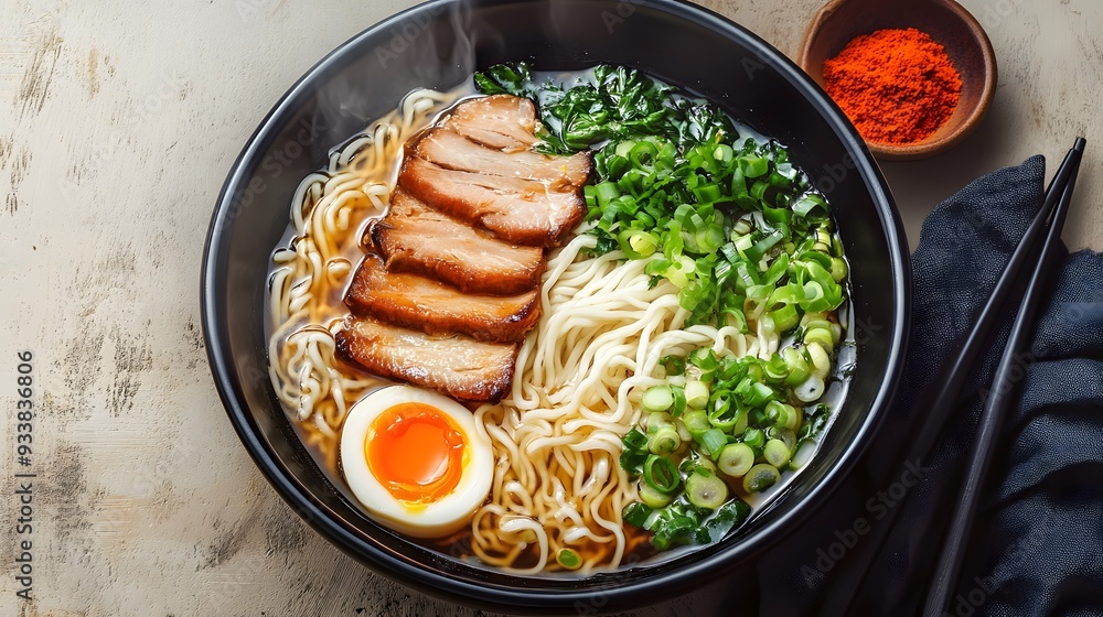 Top view of a delicious bowl of ramen, showcasing the rich broth, flavorful noodles, and various toppings. Top view of a delicious bowl of ramen, showcasing the rich broth, flavorful noodles, and various toppings.