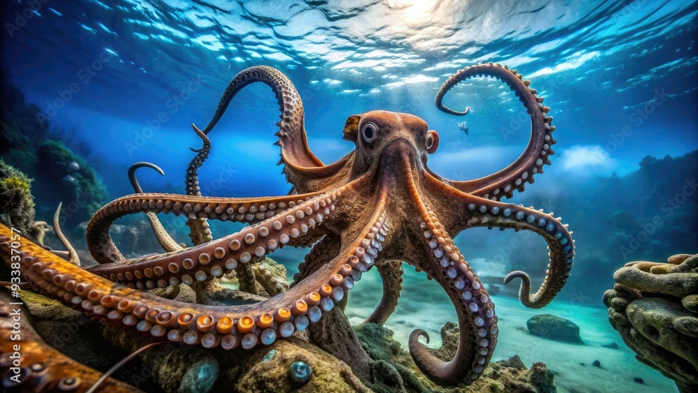 Obraz premium Vibrant blue ocean waves surround a curious octopus, its eight tender arms stretching outward, suckers glistening, as it explores a shipwreck's rusty remains.