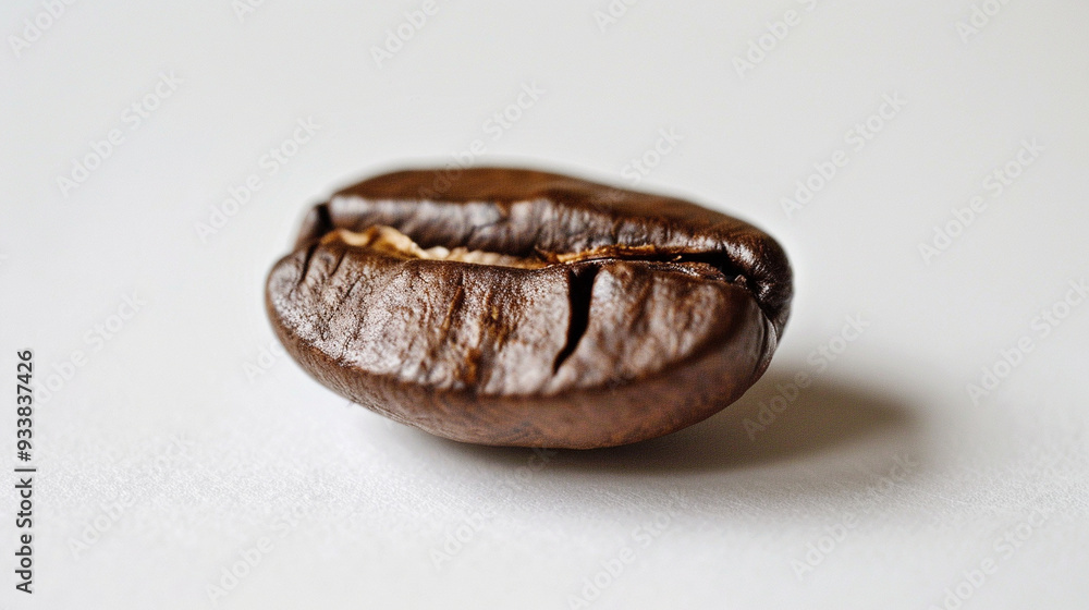 Detailed view of a single, roasted coffee bean on a smooth, white background Detailed view of a single, roasted coffee bean on a smooth, white background