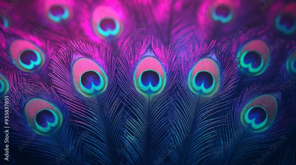 Obraz premium Vibrant peacock feather pattern showcasing iridescent colors and intricate details, perfect for creative and artistic projects.