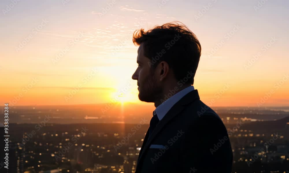 British Man Contemplating at Panoramic Windows during Sunset British Man Contemplating at Panoramic Windows during Sunset