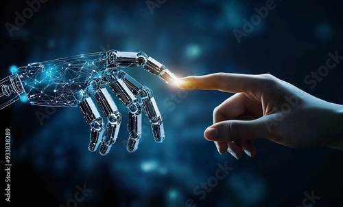 Artificial intelligence robot hand reaching out to touch the finger of human on a dark blue background, an AI and technology concept. photo