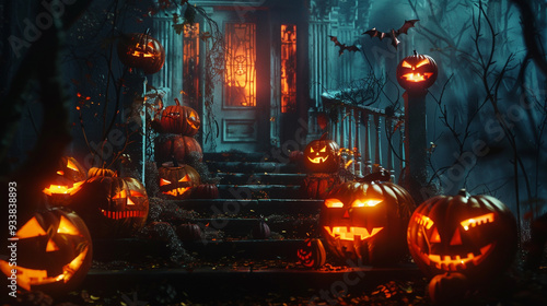 Spooky Halloween decorations with carved pumpkins, creating a haunted house atmosphere.