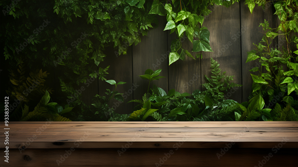 Nature-inspired background with a green leafy wall and a empty wooden table for eco-friendly product displays Nature-inspired background with a green leafy wall and a empty wooden table for eco-friendly product displays