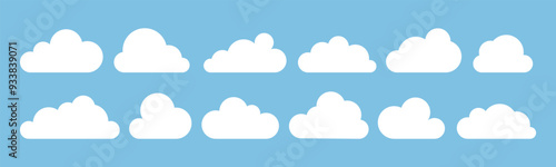 White clouds in flat design. Vector clouds isolated on blue sky