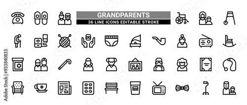 36 Grandparents Line Icons Set Pack Editable Stroke Vector Illustration.