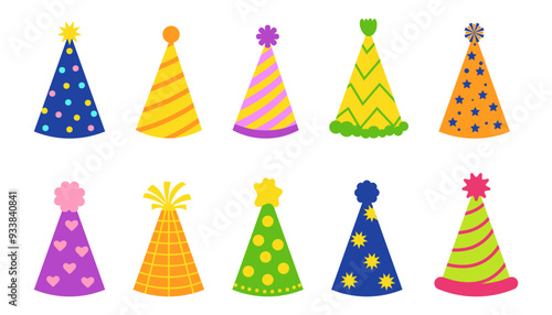 Birthday hat cones set. Colorful triangle caps with pom pom, striped, heart and star patterns, collection of decor for  party. Isolated Vector illustration