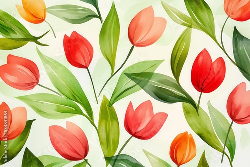 Watercolor tulip pattern with vibrant red flowers and lush green leaves, perfect for spring-themed designs and botanical-inspired projects.