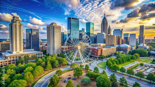 Vibrant cityscape of Atlanta, Georgia, featuring the iconic SkyView Ferris wheel, Centennial Olympic Park, and modern skyscrapers against a bright blue summer sky. photo