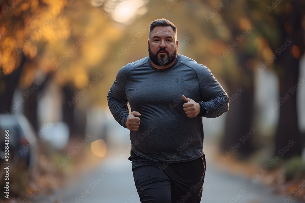 Obraz premium A young overweight man is running outdoors as part of his fitness lifestyle.