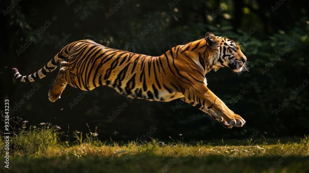 Naklejka premium Powerful Tiger Leaping Through Jungle.