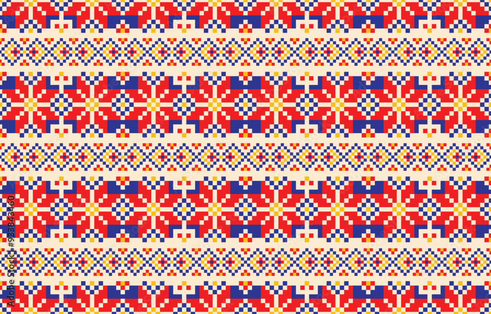 Fabric pattern geometric design in shades of red, blue, yellow, and cream. Graphic pattern design by retro geometric indian fabric colorful ornament african print aztec cross-stitch cross carpet. Fabric pattern geometric design in shades of red, blue, yellow, and cream. Graphic pattern design by retro geometric indian fabric colorful ornament african print aztec cross-stitch cross carpet.