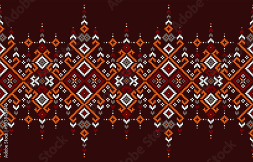  fabric pattern geometric design inspired by traditional ethnic textiles. Design is simple, with a basic motif of shapes. Pattern is fabric applications, such as clothing, home decor, and accessories.