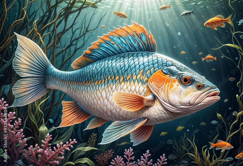 Beautiful freshwater fish swims in the deep among algae Beautiful freshwater fish swims in the deep among algae