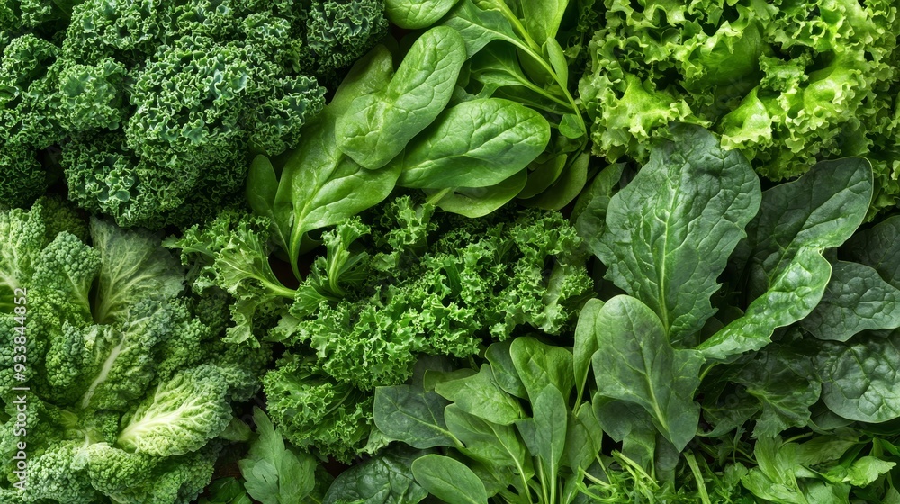 Fresh and Vibrant Leafy Greens - Assortment of Nutritious Spinach and Kale Close-Up Fresh and Vibrant Leafy Greens - Assortment of Nutritious Spinach and Kale Close-Up
