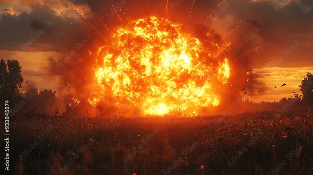 Fototapeta premium A large explosion with flames and smoke billowing out in a field at sunset.