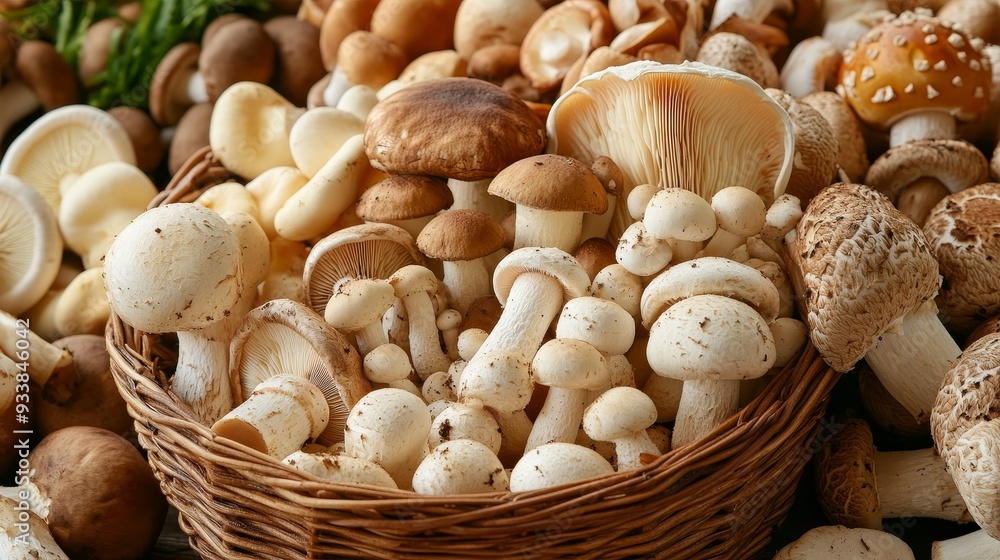 Vibrant Variety of Mushrooms - Fresh Shiitake and Button Mushroom Assortment in Close-up Shot Vibrant Variety of Mushrooms - Fresh Shiitake and Button Mushroom Assortment in Close-up Shot