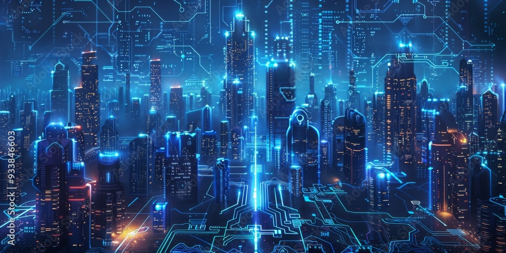 Futuristic Smart Cyber City illustration: Innovative Urban Landscape, futuristic technology and cyber punk concept, Graphic Resources, Wallpapers, Brochure, Websites, banner, Advertising, background Futuristic Smart Cyber City illustration: Innovative Urban Landscape, futuristic technology and cyber punk concept, Graphic Resources, Wallpapers, Brochure, Websites, banner, Advertising, background