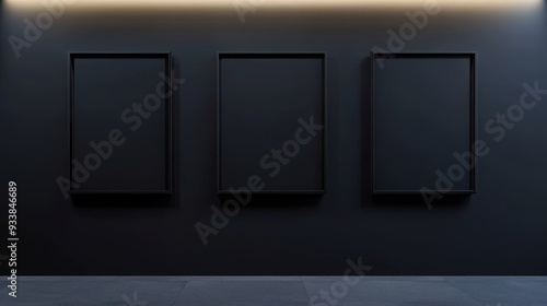 Three empty frames on a dark wall in an art gallery. Minimalist exhibition setup