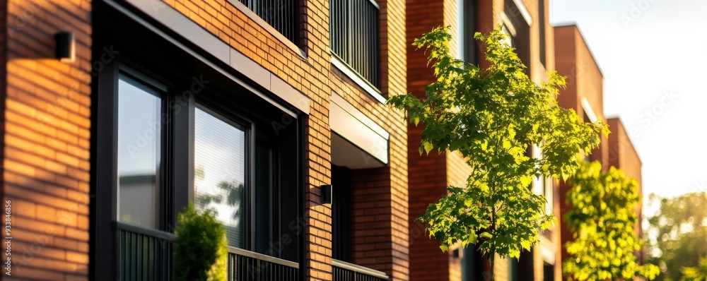 Modern residential building featuring brick facade and greenery under soft sunlight, showcasing contemporary architecture. Modern residential building featuring brick facade and greenery under soft sunlight, showcasing contemporary architecture.