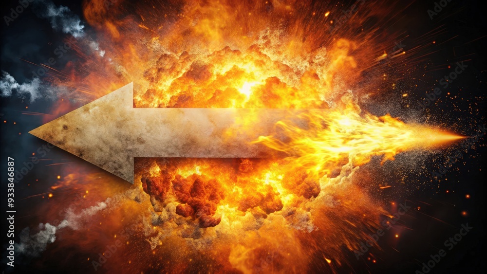 Fototapeta premium Explosion simulation with arrow sign, original rendering , explosion, simulation, arrow, sign,rendering,digital, fire, sparks