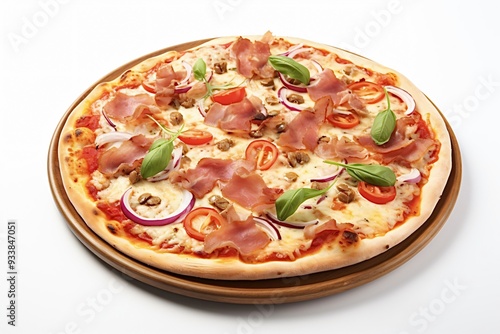 Delicious pizza with prosciutto, tomatoes, olives, and basil on wooden plate