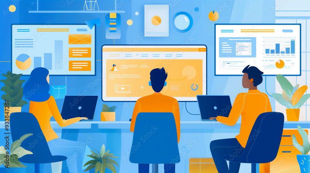 Team engaged in virtual data analysis in a bright office setting, AI-generated image. Team engaged in virtual data analysis in a bright office setting, AI-generated image.