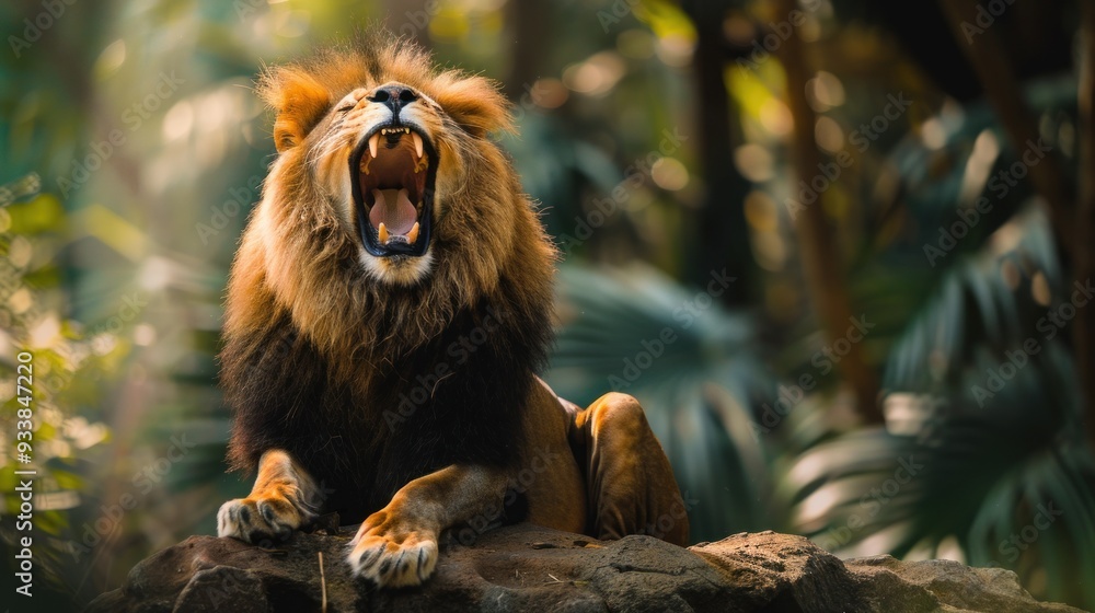 Obraz premium Roaring Lion in Jungle Habitat.