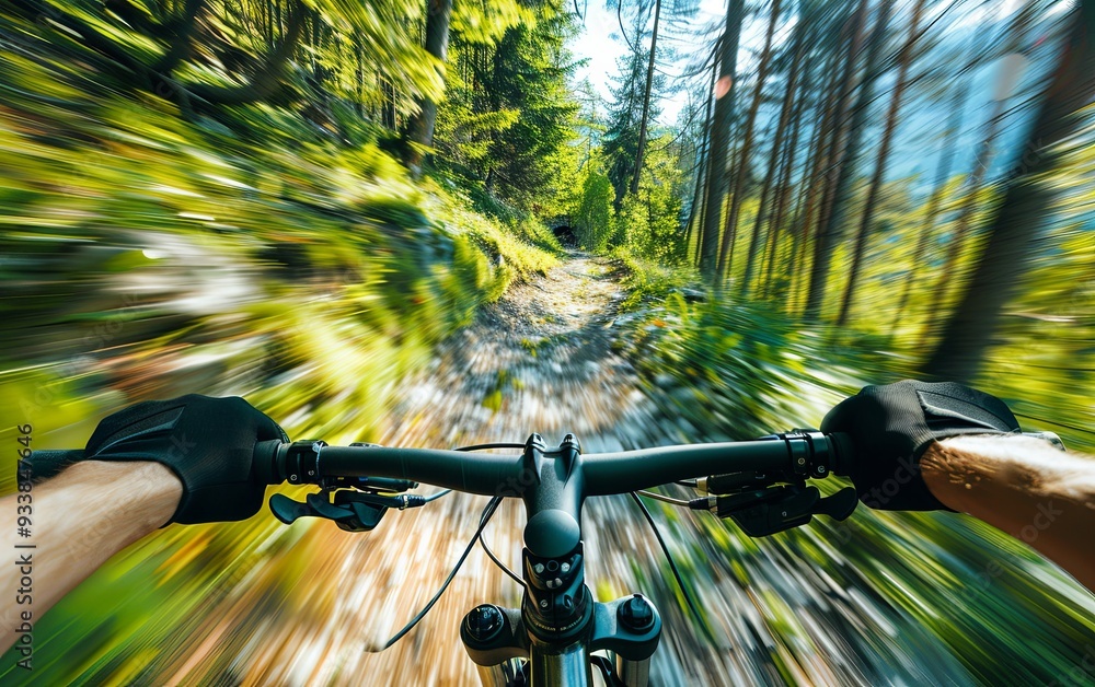 Dynamic point-of-view shot of a cyclist speeding down a forest trail. The blurred motion effect, fast pace, surrounded by lush green trees. Perfect for banner wallpaper, healthy lifestyle Dynamic point-of-view shot of a cyclist speeding down a forest trail. The blurred motion effect, fast pace, surrounded by lush green trees. Perfect for banner wallpaper, healthy lifestyle