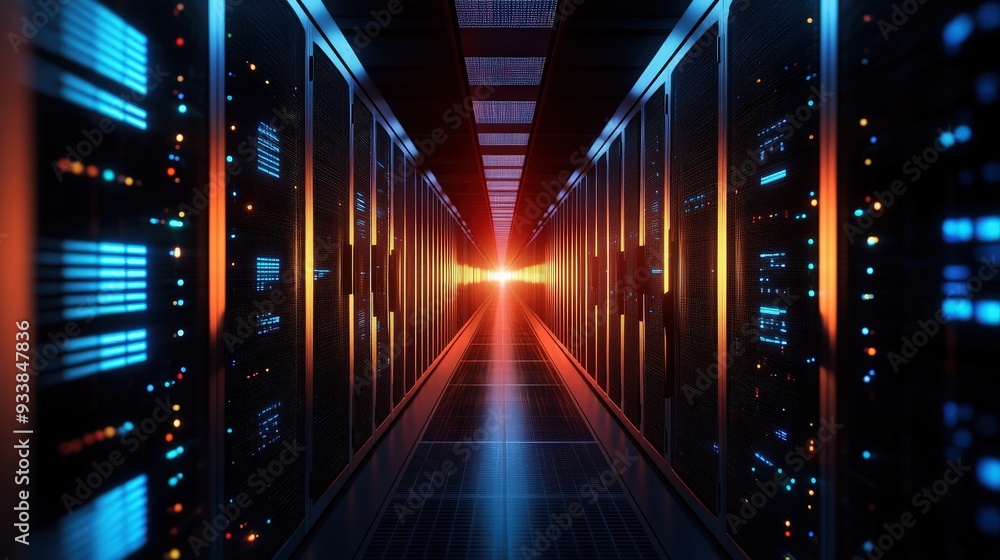 A stunning view of a modern data center showcasing high-tech server racks illuminated by vibrant lights. A stunning view of a modern data center showcasing high-tech server racks illuminated by vibrant lights.