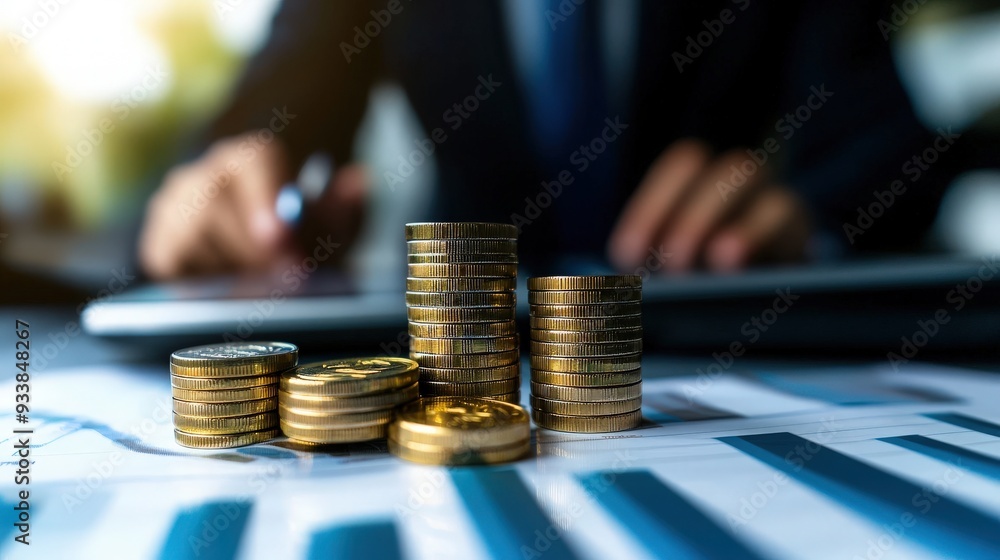 Close-up of coins stacked on a financial report with a business professional analyzing data. Perfect for finance and investment imagery. Close-up of coins stacked on a financial report with a business professional analyzing data. Perfect for finance and investment imagery.