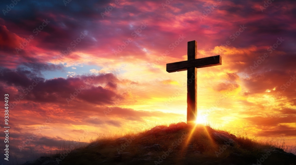 A wooden cross stands on a hill during a vibrant sunset, casting a spiritual and serene atmosphere. A wooden cross stands on a hill during a vibrant sunset, casting a spiritual and serene atmosphere.