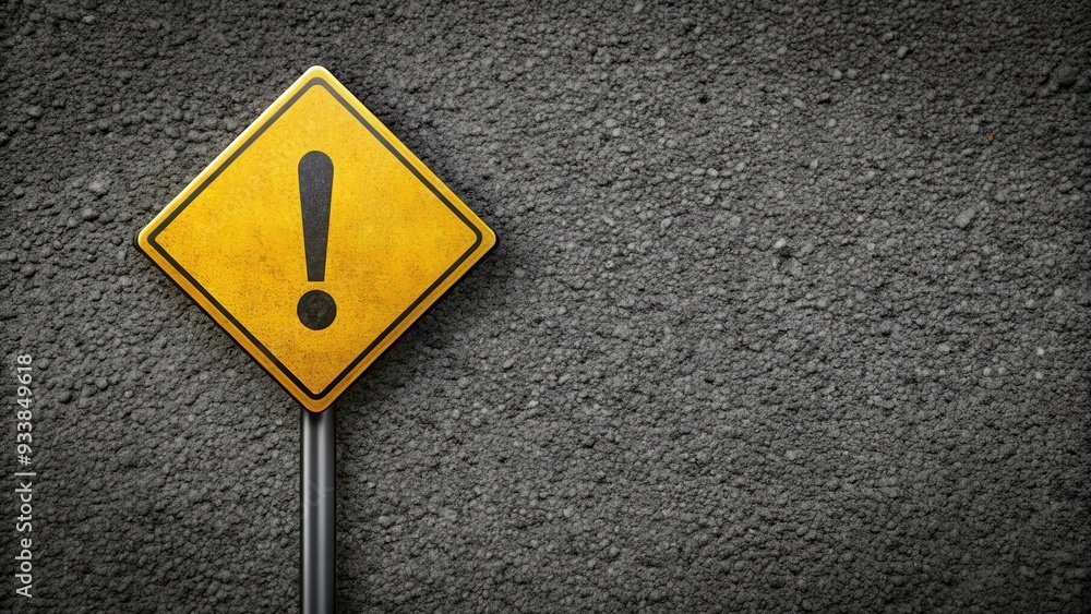 Road sign with exclamation mark on textured asphalt background, road, sign, triangular, shape, exclamation mark, warning Road sign with exclamation mark on textured asphalt background, road, sign, triangular, shape, exclamation mark, warning