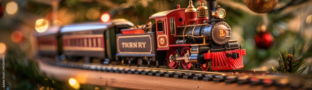 Fototapeta premium Toy train running around the Christmas tree