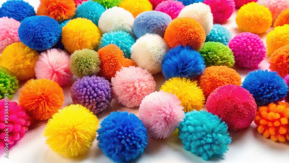 Colorful array of fluffy pom-poms in various bright hues, including pink, blue, yellow, and orange, scattered on a white background, awaiting creative use. Colorful array of fluffy pom-poms in various bright hues, including pink, blue, yellow, and orange, scattered on a white background, awaiting creative use.