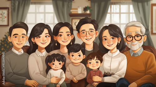 Multi-generational family portrait in a cozy living room, affectionate and unified, AI-generated image.