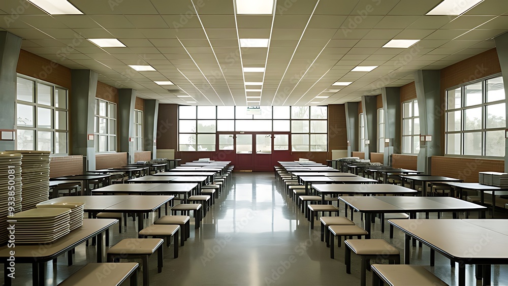 an empty cafeteria with tables set up for lunch an empty cafeteria with tables set up for lunch
