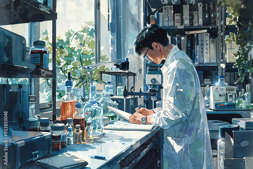Researcher working in a serene lab environment, AI-generated image.